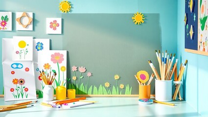 Spring Art Corner in a Classroom with Paintbrushes and Artwork