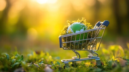 Miniature shopping cart carries green globe sustainable consumption. Eco-friendly choices ensure healthier future. Green planet in cart represents mindful eco-conscious consumerism. Image evokes