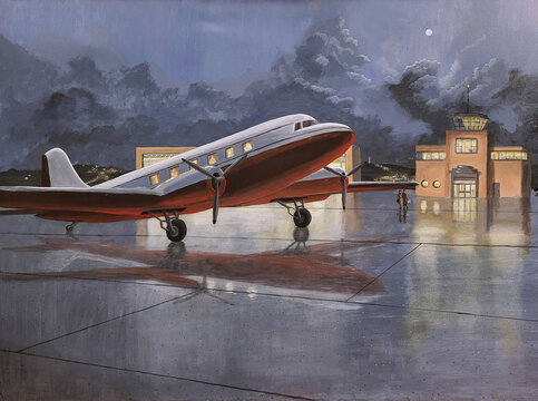 1940s scene  rainy night DC3 plane sits on runway as a couple approaches.