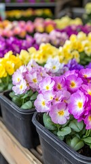 Colorful Spring Primrose Flowers in Pots