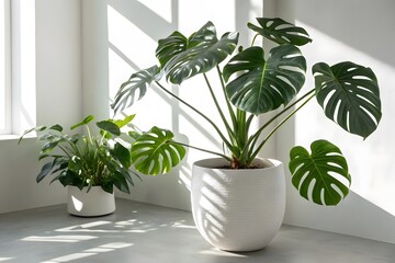 Fototapeta premium Monstera Deliciosa Indoor Plant in White Pot with Sunlight Shadows