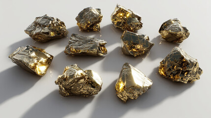 Set of isolated gold mine nuggets and rocks. Natural gems, golden mines elements. 3d gaming rocks, natural gemstones isolated on black.