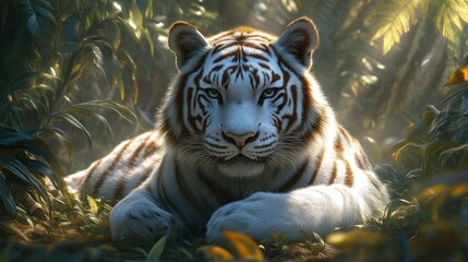 Majestic White Tiger Resting in Lush Jungle Captivating Wildlife Photography for Nature and Co