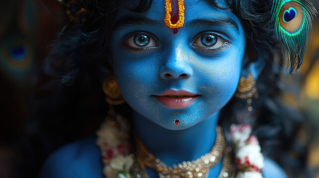 Little boy Krishna with blue skin decorated with jewelry, peacock feathers, smiling on blurred dark background, Hinduism, Krishna Janmashtami