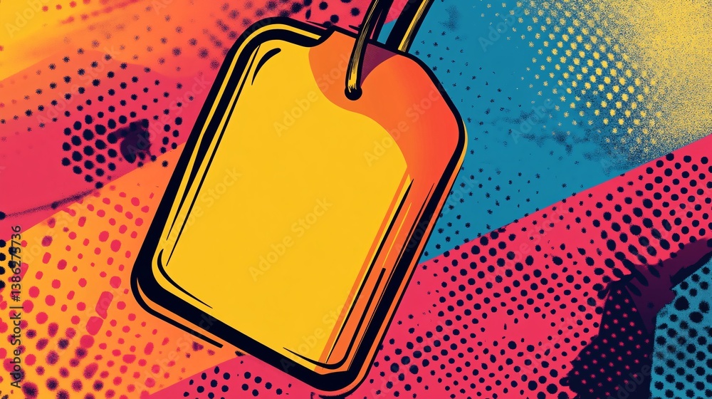 Poster blank retro style price tag hanging with colorful background