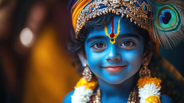 Little boy Krishna with blue skin decorated with jewelry, peacock feathers, smiling on blurred dark background, Hinduism, Krishna Janmashtami