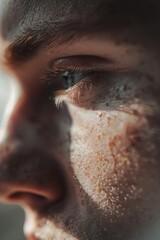 Close-up portrait with textured skin, intense gaze, highlighting emotion, natural light, introspective feel.