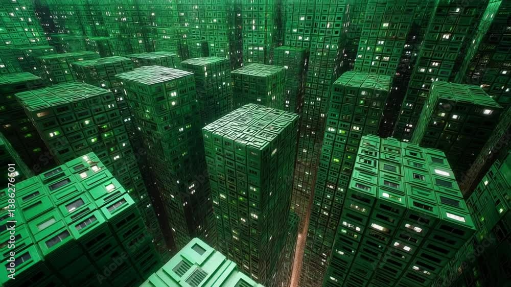 Poster digital binary city with green skyscrapers and illuminated windows generative ai