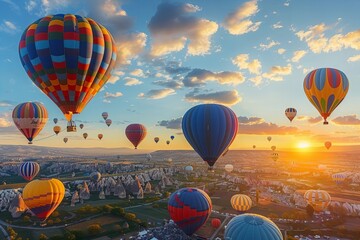 Colorful hot air balloon festival captured from the air with balloons drifting amidst a stunning sunset.