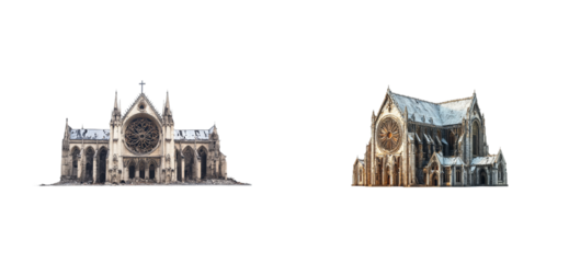 Historic gothic cathedrals with rose windows and snow-covered roofs. Set png cut out