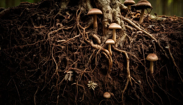 Mushrooms grow on tree roots in forest setting