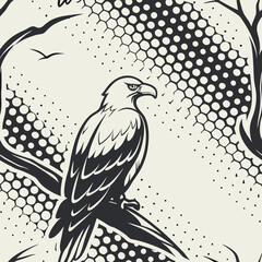 Detailed illustration of a majestic eagle perched on a branch surrounded by stylized foliage and nature elements