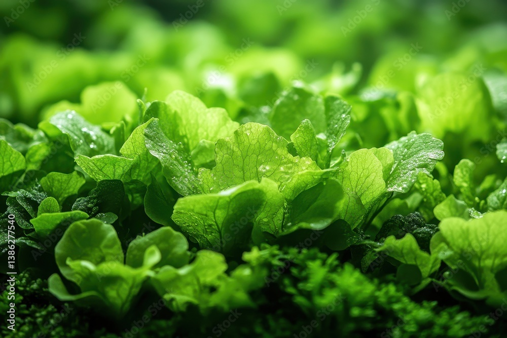 Poster Vibrant green leaves arranged in a natural pattern showcasing diverse shapes and textures in a lush environment during daylight