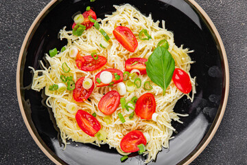 Pasta with tomatoes vermicelli vegetables dish fresh delicious gourmet food background on the table rustic food top view copy space