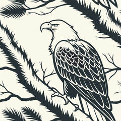 Majestic eagle perched on a branch against a delicate background of trees and leaves in a natural environment