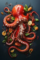 Obraz premium Large cooked octopus lying on dark background surrounded by herbs and spices