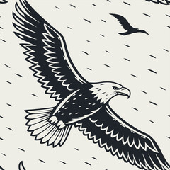 Powerful eagle soaring through the sky, showcasing its impressive wingspan and keen gaze, with other birds in the background