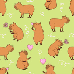 Seamless Birthday party pattern with cute capybaras. Vector funny capybara print for kids