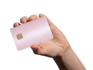 Card in female hand. Pink plastic bankcard for smart shopping, debit or credit payment, international currency transfer. Isolated on white background..