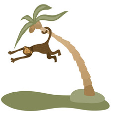 Playful illustration of a monkey hanging by its tail from a leaning palm tree with coconuts. A fun and tropical design perfect for children’s decor, jungle-themed art, and animal illustrations.