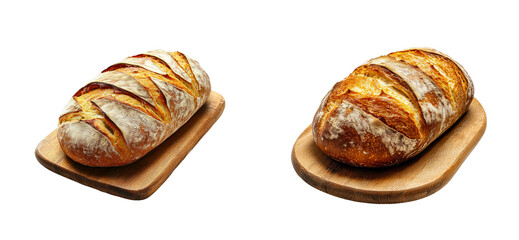 Rustic artisan bread loaves on wooden boards with golden crust. Set png cut out