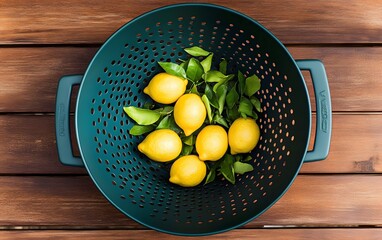 Lemons in Green Colander on Wooden Table