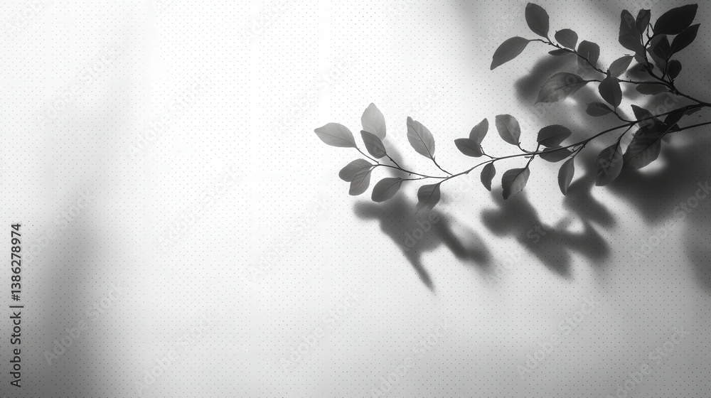 Fototapete Shadow patterns from leaves cast on a textured white surface during daylight create a serene and calming effect in a minimalistic setting