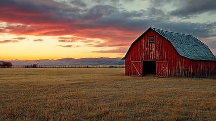 Red barn at sunset over a golden field