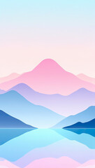 Peaceful pastel mountain landscape reflected in calm lake at sunrise