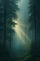 Mystical green forest illuminated by soft morning sunlight through fog