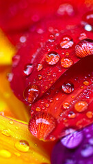 Vibrant red flower petals with water droplets under soft macro lighting