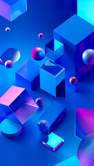 Futuristic blue geometric shapes floating in digital neon environment