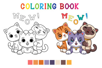 three cute cartoon kittens of different types playing together in coloring book style