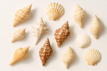 Collection of various seashells arranged artistically on a light background