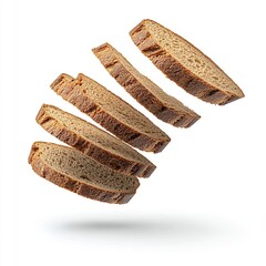 Floating sliced brown bread isolated on clean white background in minimal food styling · Great for bakery branding, creative product visuals, organic bread promotions, and modern food advertising