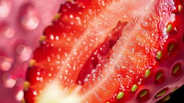 Juicy Strawberry Slice: A close-up shot of a fresh strawberry slice showcasing its vibrant red interior and tiny seeds, a symbol of juicy freshness.