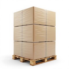 stack of wooden pallets with blank cardboard boxes wrapped in plastic film, industrial, shipping, isolated on white background