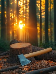 Forestry and logging industry scenes with cut timber logs in forest and stacked wood on trucks · Sustainable wood harvesting and nature conservation concept for environmental visuals