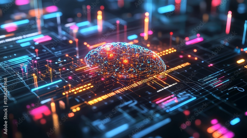 Sticker futuristic digital brain concept with neural connections on a circuit board
