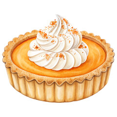 Pumpkin pie isolated on white background. Mini pumpkin pie individual serving. Thanksgiving dessert. Watercolor illustration. 