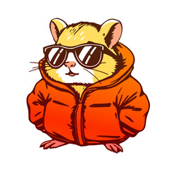 cool hamster wearing a puffer jacket, funny mascot illustration