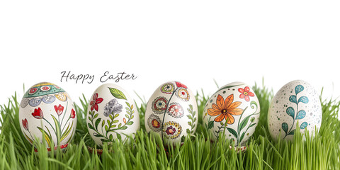 Fototapeta premium Five painted Easter eggs with green wheatgrass for placing products in front of a transparent background