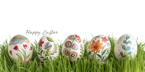 Five painted Easter eggs with green wheatgrass for placing products in front of a transparent background