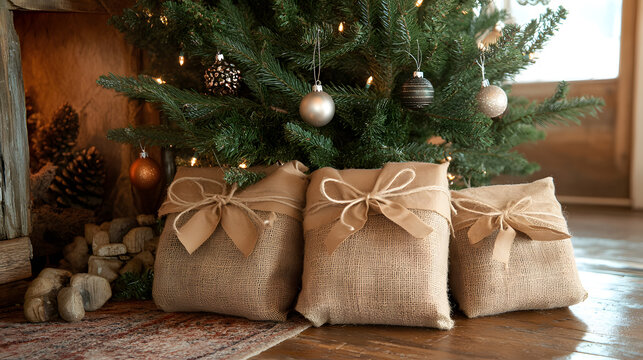 A set of vintage-inspired Christmas gifts wrapped in soft burlap with jute twine, placed under a rustic holiday tree adorned with small ornaments.