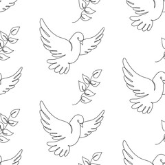 Seamless Pattern Flying Dove Bird with Branch. One Continuous Line Drawing