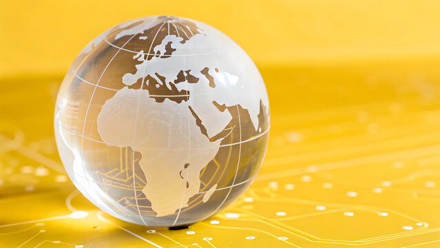 transparent globe with circuit patterns showcases modern representation of world, symbolizing technology and connectivity
