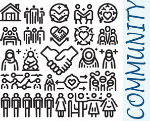 Editable icon set for community, featuring people, friendship, social connections, diversity, village life, relationships, support, and more. Vector illustrations.