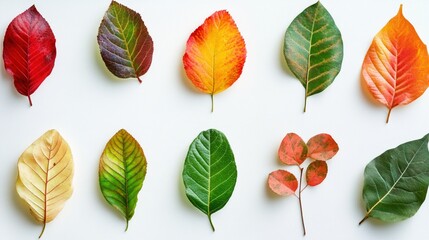 Obraz premium Vibrant autumn leaves arranged on a white background