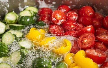 Blanched Vegetables in Water Bubbles Closeup Photography