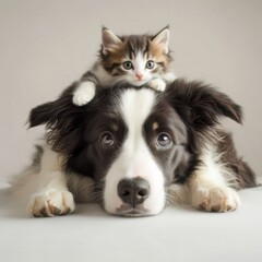 Cute puppy and kitten cuddle together on soft surface in cozy indoor setting